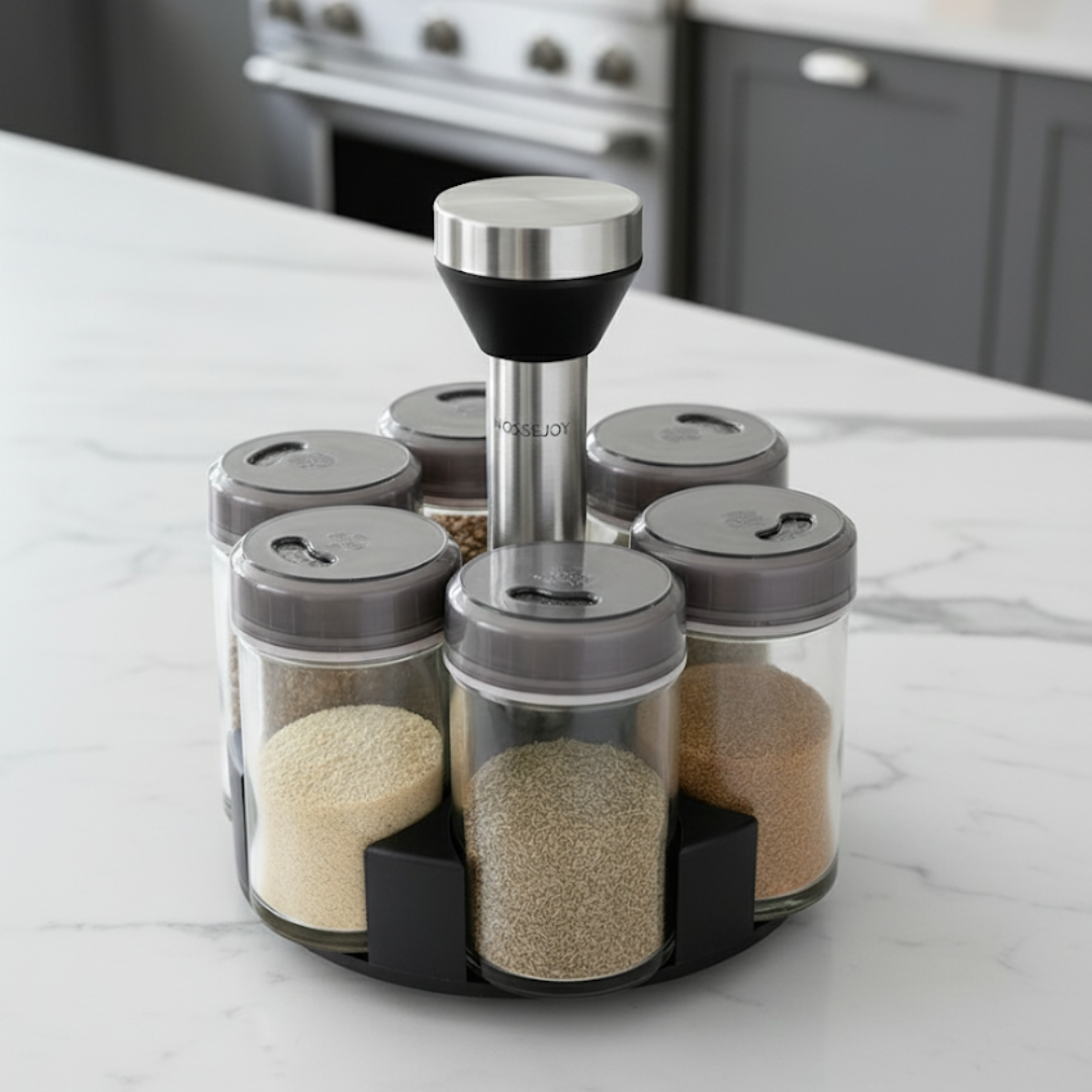 Organizador de Especias Giratorio en Acero Inoxidable 6 piezas